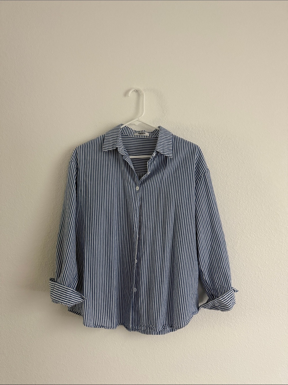 Blue and white striped button up